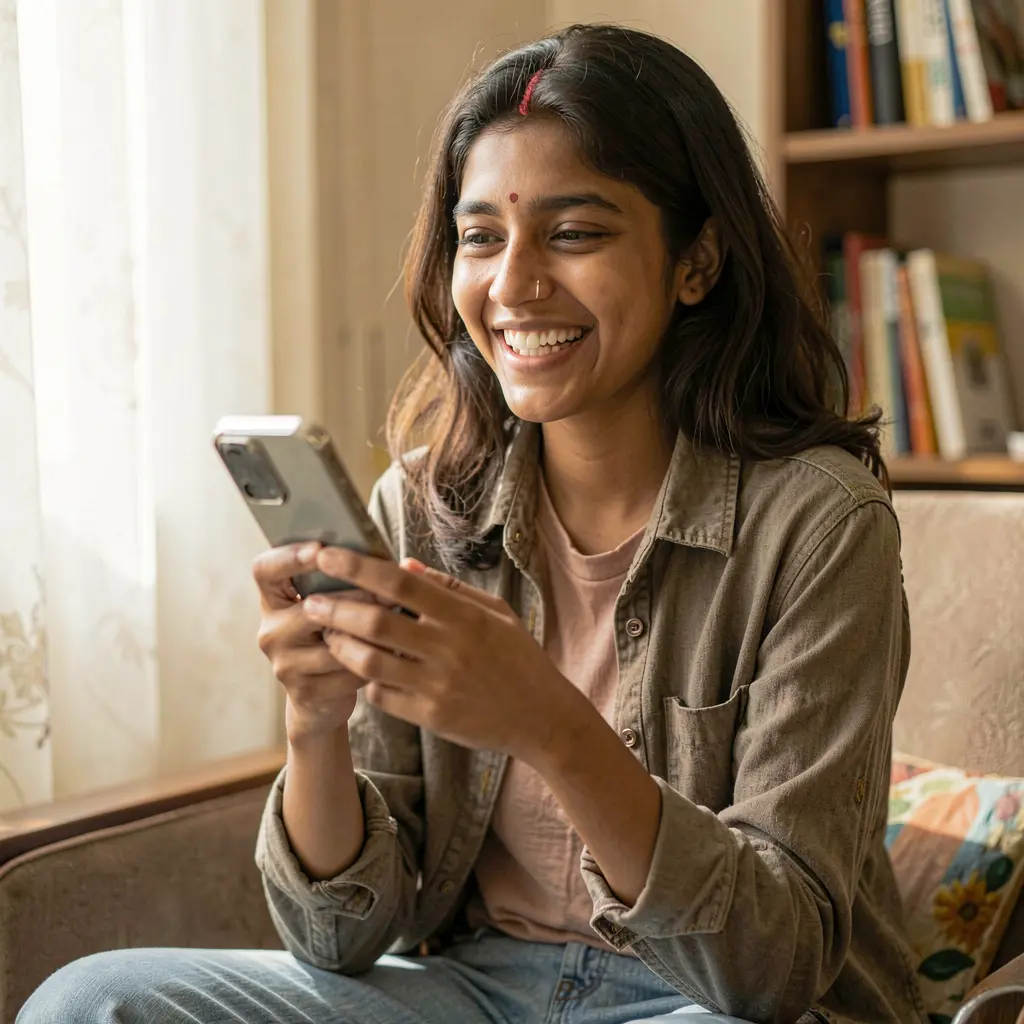 Happy Bangladeshi woman using the OKGO casino app on her smartphone in a comfortable indoor setting with soft natural light