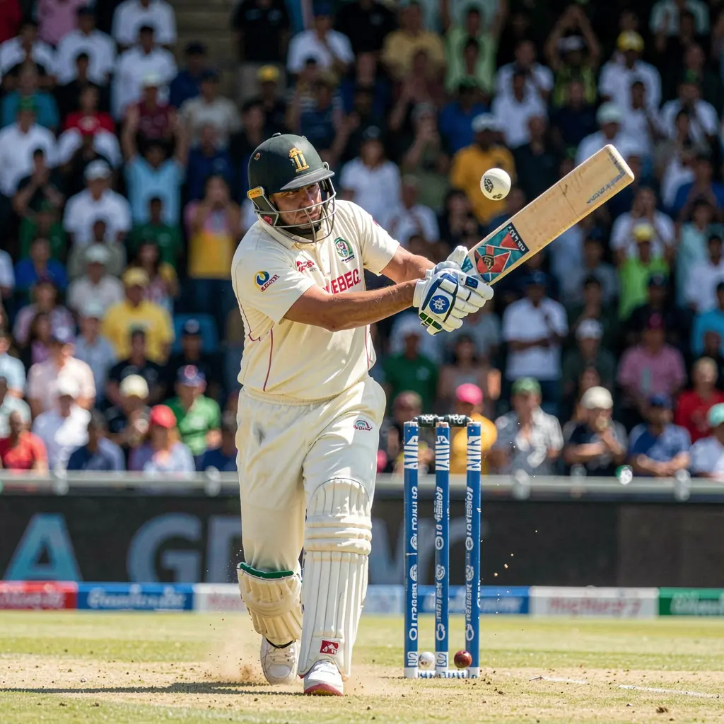 Professional cricket batsman playing an attacking shot in a packed stadium representing thrilling live cricket betting opportunities with OKGO in Bangladesh