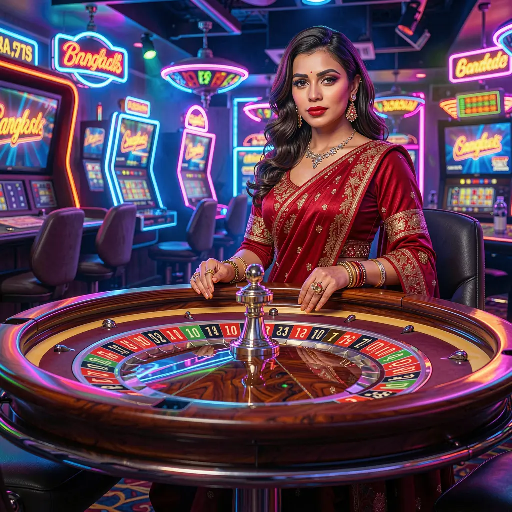 Elegant woman in a flowing red dress standing by a glowing roulette table in a modern casino atmosphere showcasing the immersive live casino experience at OKGO for players in Bangladesh