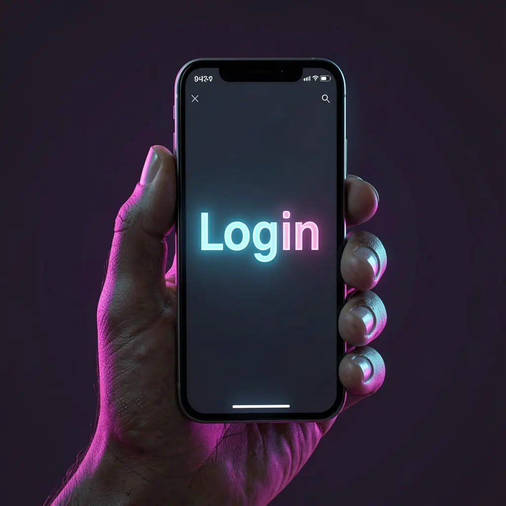Close up of a hand holding a smartphone with a glowing login screen showing secure sign in to the OKGO casino account in Bangladesh