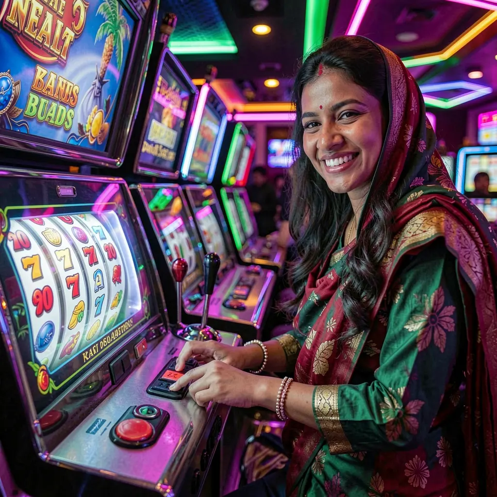 Elegant Bangladeshi woman enjoying modern slot machines at OKGO casino with bright reels and a luxurious gaming atmosphere